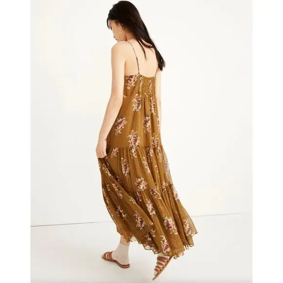MADEWELL Cami Tier Midi Dress Metallic Classic Floral Olive Green Sz 8 {S53}